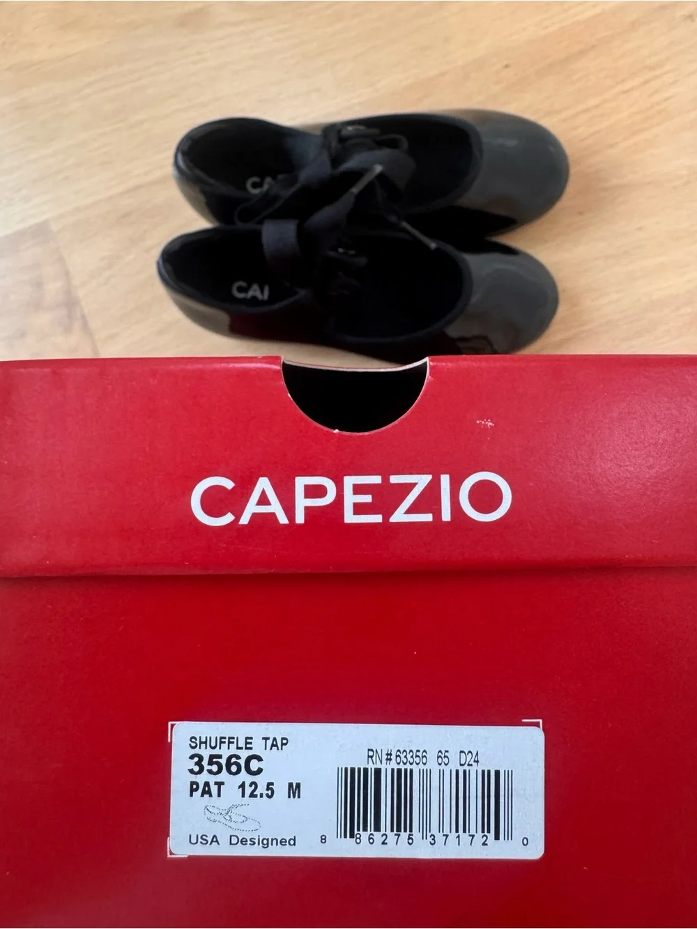 Capezio Black Patent Tap Shoes with Ribbon and snap closure -size 12.5